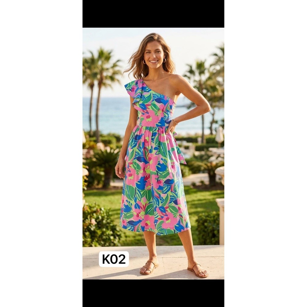 J.Crew Tropical Floral One Shoulder Ruffle Midi Dress Pockets Pink Green Sz 2